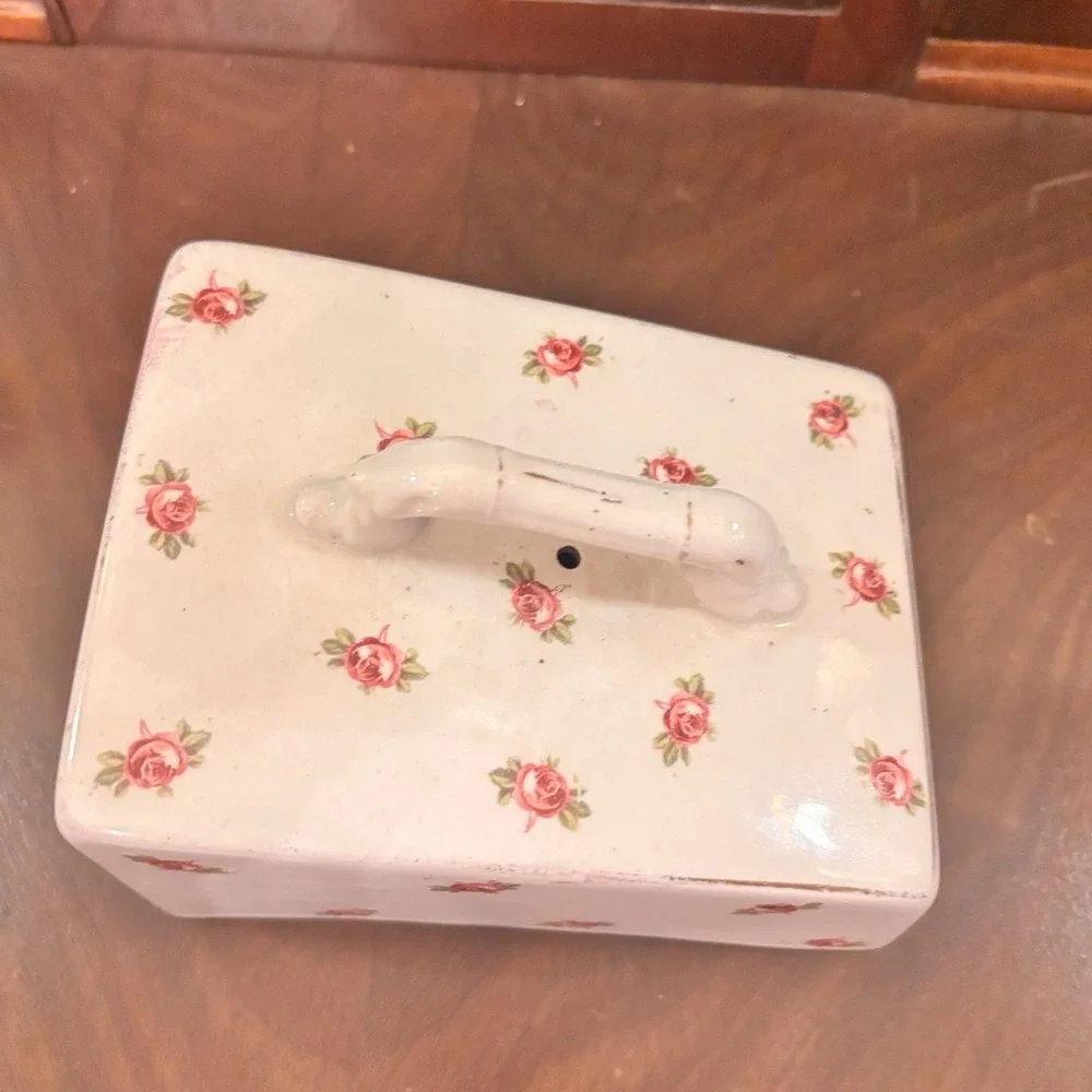 Antique Grimwades Stoke on Trent England Rose Floral Cheese Butter Dish & Cover
